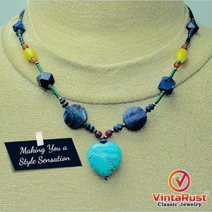 Vintage Lapis and Turquoise Beaded Necklace with Heart Pendant